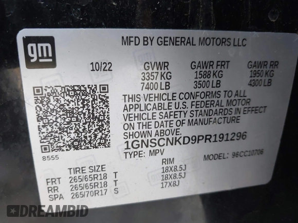 2023 Chevrolet Tahoe LT с VIN 1GNSCNKD9PR191296, выставлен на аукционе IAAI как лот 41814835 с пробегом 64 777 миль миль и . История ставок и продаж доступна на DreamBid. Изображение 9.