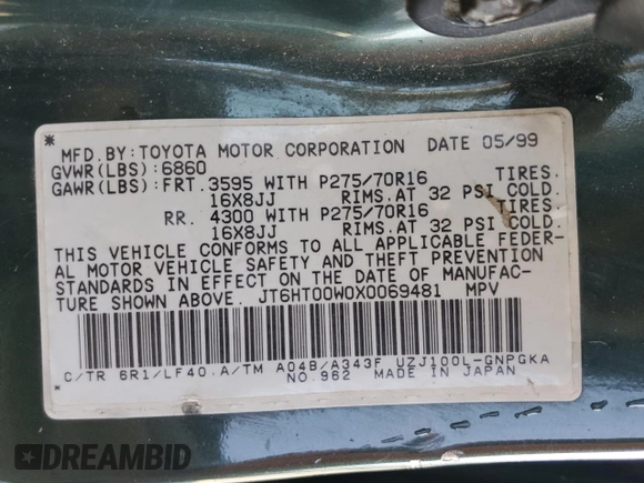 1999 Lexus LX 470 z VIN JT6HT00W0X0069481, wystawiony jako Copart lot #43588185 z przebiegiem 297 554 mil mil oraz Szkoda całkowita • Salvage title. Historia ofert i sprzedaży dostępna na DreamBid. Obrazek 13.