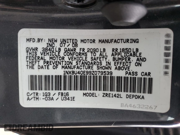 2009 Toyota Corolla with VIN 1NXBU40E99Z079539, listed as a Copart auction lot 87212314 with 120,338 mi miles and Clean Title. Bid and sale history available at carsss.com. Image 12.