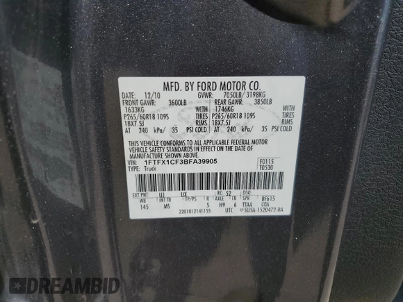 2011 Ford F-150 XL with VIN 1FTFX1CF3BFA39905, listed as a Copart auction lot 56494065 with 168,715 mi miles and Salvage title. Bid and sale history available at DreamBid. Image 12.
