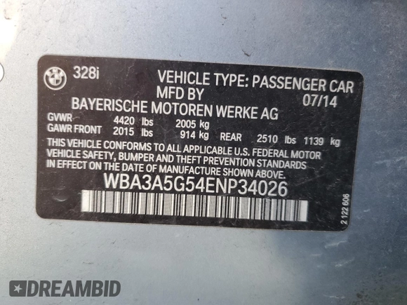 2014 BMW 3 Series 328i с VIN WBA3A5G54ENP34026, выставлен на аукционе Copart как лот 45373955 с пробегом 55 052 миль миль и Списание • Salvage title. История ставок и продаж доступна на DreamBid. Изображение 12.