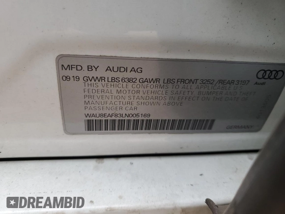 2020 Audi A8 L with VIN WAU8EAF83LN005169, listed as a Copart auction lot 46799864 with 0 mi miles and Salvage Title. Bid and sale history available at carsss.com. Image 12.