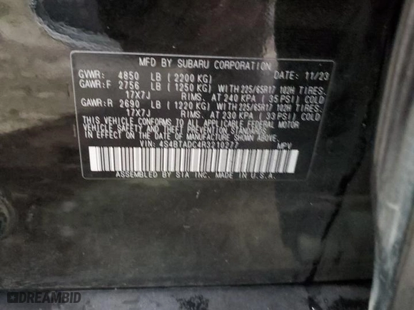 2024 Subaru Outback Premium with VIN 4S4BTADC4R3210277, listed as a Copart auction lot 41491875 with 34,453 mi miles and Salvage Title. Bid and sale history available at carsss.com. Image 14.