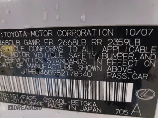2008 Lexus ES 350 with VIN JTHBJ46G982178540, listed as a IAAI auction lot 41253655 with 192,106 mi miles. Bid and sale history available at carsss.com. Image 9.