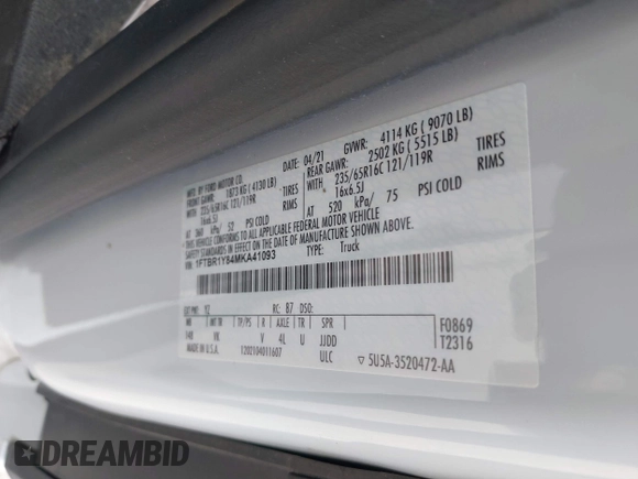 2021 Ford Transit Cargo with VIN 1FTBR1Y84MKA41093, listed as a IAAI auction lot 41799933 with 59,088 mi miles and . Bid and sale history available at DreamBid. Image 9.