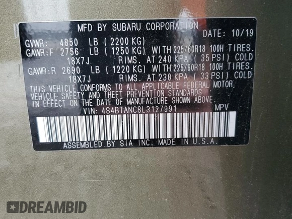 2020 Subaru Outback Limited with VIN 4S4BTANC8L3127991, listed as a Copart auction lot 67590594 with Not provided miles and Salvage title. Bid and sale history available at DreamBid. Image 13.