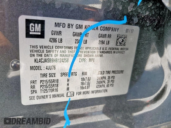 2017 Buick Encore Preferred с VIN KL4CJASB9HB124258, выставлен на аукционе Copart как лот 58008585 с пробегом 66 001 миль миль и Списание • Salvage title. История ставок и продаж доступна на DreamBid. Изображение 13.