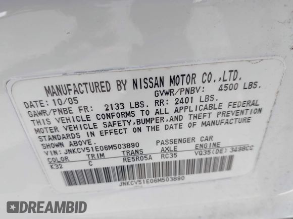 2006 Infiniti G35 with VIN JNKCV51E06M503890, listed as a IAAI auction lot 41604122 with 148,680 mi miles. Bid and sale history available at carsss.com. Image 9.