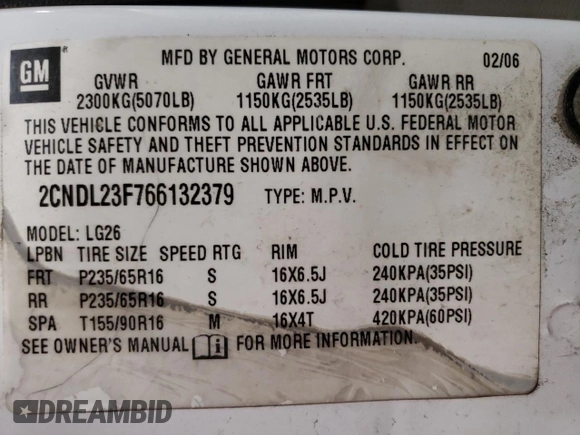 2006 Chevrolet Equinox LS z VIN 2CNDL23F766132379, wystawiony jako Copart lot #59035765 z przebiegiem 148 934 mil mil oraz Czysty tytuł • Clean title. Historia ofert i sprzedaży dostępna na DreamBid. Obrazek 13.