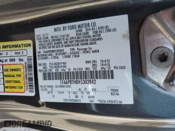 2017 Ford Mustang EcoBoost with VIN 1FA6P8TH8H5302842, listed as a Copart auction lot 62352795 with 107,165 mi miles and Salvage title. Bid and sale history available at DreamBid. Image 13.