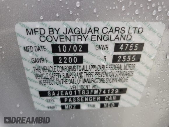 2003 Jaguar S-Type with VIN SAJEA01T83FM74129, listed as a Copart auction lot 45959495 with Not Provided miles and Salvage Title. Bid and sale history available at DreamBid. Image 12.