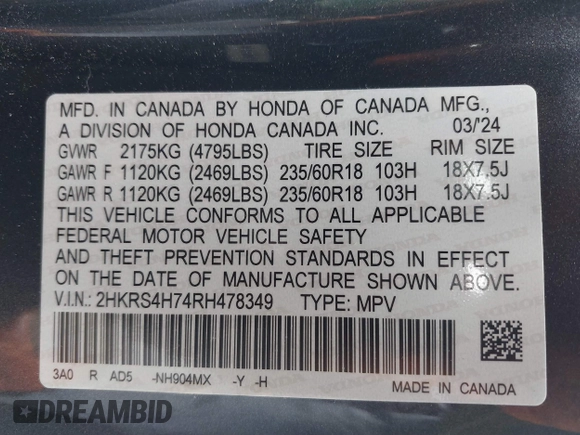 2024 Honda CR-V EX-L with VIN 2HKRS4H74RH478349, listed as a IAAI auction lot 41895095 with 11,581 mi miles. Bid and sale history available at carsss.com. Image 9.