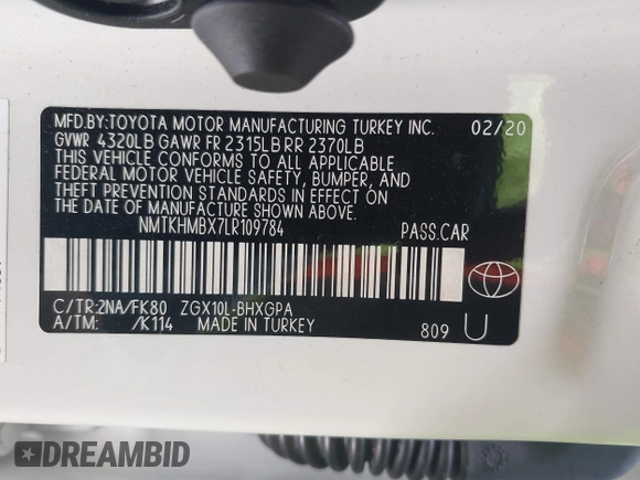 2020 Toyota C-HR LE z VIN NMTKHMBX7LR109784, wystawiony jako IAAI lot #41800460 z przebiegiem 30 514 mil mil oraz . Historia ofert i sprzedaży dostępna na DreamBid. Obrazek 9.