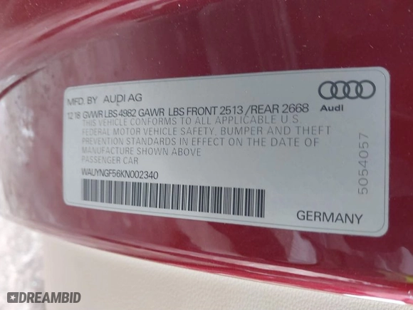 2019 Audi A5 Cabriolet Premium Plus with VIN WAUYNGF56KN002340, listed as a IAAI auction lot 41521638 with 69,381 mi miles. Bid and sale history available at carsss.com. Image 9.