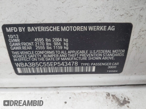 2014 BMW 3 Series 328i xDrive with VIN WBA3B5C55EP543478, listed as a IAAI auction lot 41629266 with 150,595 mi miles and . Bid and sale history available at DreamBid. Image 9.