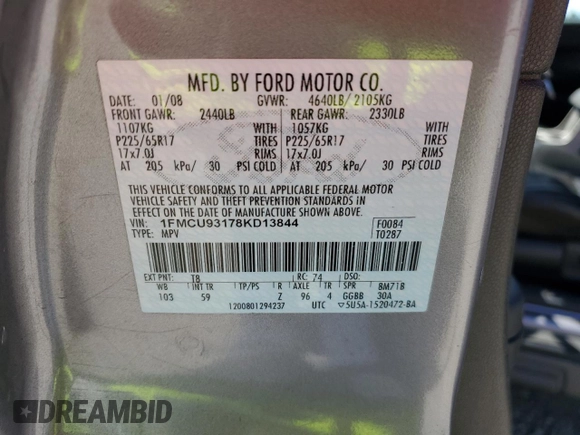 2008 Ford Escape XLT with VIN 1FMCU93178KD13844, listed as a Copart auction lot 59428785 with 257,847 mi miles and Salvage title. Bid and sale history available at DreamBid. Image 13.