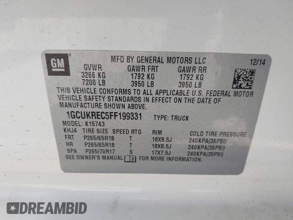 2015 Chevrolet Silverado 1500 LT with VIN 1GCUKREC5FF199331, listed as a IAAI auction lot 42111381 with 180,056 mi miles and . Bid and sale history available at DreamBid. Image 9.