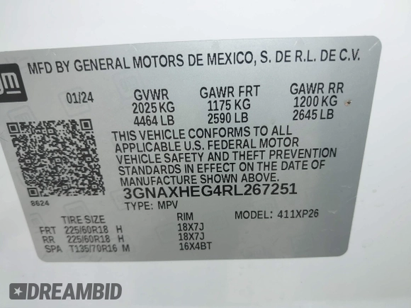 2024 Chevrolet Equinox LS z VIN 3GNAXHEG4RL267251, wystawiony jako IAAI lot #42025074 z przebiegiem Nie podano mil oraz . Historia ofert i sprzedaży dostępna na DreamBid. Obrazek 9.