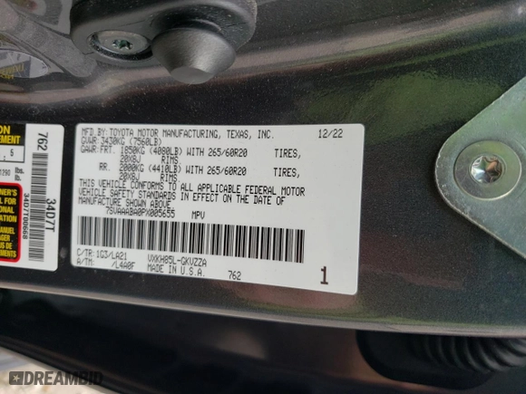 2023 Toyota Sequoia SR5 with VIN 7SVAAABA0PX005655, listed as a Copart auction lot 48110165 with 27,290 mi miles and Salvage Title. Bid and sale history available at carsss.com. Image 14.