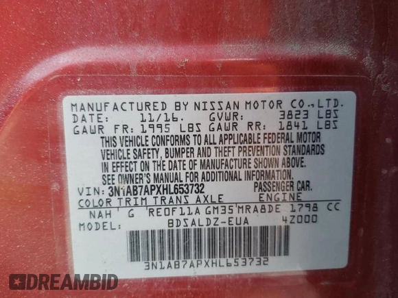 2017 Nissan Sentra SV with VIN 3N1AB7APXHL653732, listed as a Copart auction lot 48372865 with 109,539 mi miles and Clean Title. Bid and sale history available at carsss.com. Image 12.