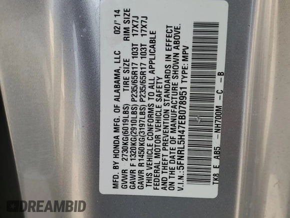 2014 Honda Odyssey EX with VIN 5FNRL5H47EB078951, listed as a Copart auction lot 86971074 with 173,423 mi miles and Salvage Title. Bid and sale history available at carsss.com. Image 13.