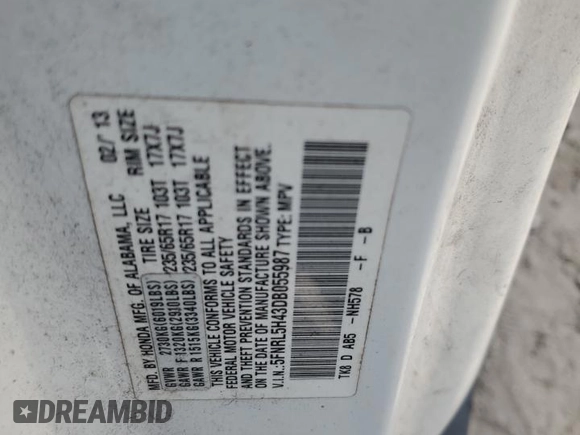 2013 Honda Odyssey EX z VIN 5FNRL5H43DB055987, wystawiony jako Copart lot #54001985 z przebiegiem 162 448 mil mil oraz Szkody całkowita. Historia ofert i sprzedaży dostępna na DreamBid. Obrazek 13.