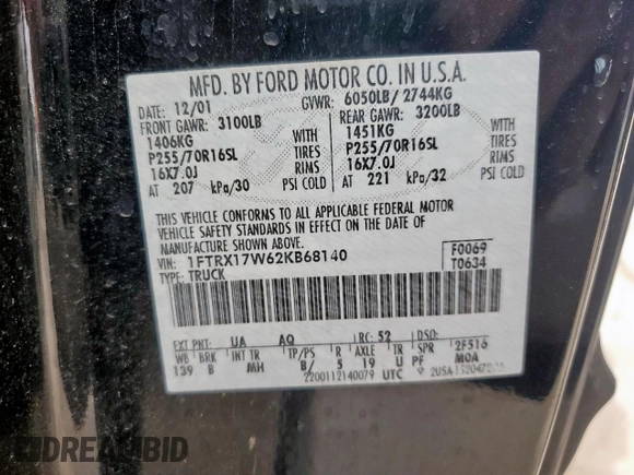 2002 Ford F-150 XL z VIN 1FTRX17W62KB68140, wystawiony jako Copart lot #54826645 z przebiegiem 259 227 mil mil oraz Szkoda całkowita • Salvage title. Historia ofert i sprzedaży dostępna na DreamBid. Obrazek 12.