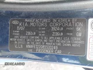 2008 Kia Spectra EX with VIN KNAFE122085533249, listed as a IAAI auction lot 42105666 with 178,984 mi miles. Bid and sale history available at carsss.com. Image 9.