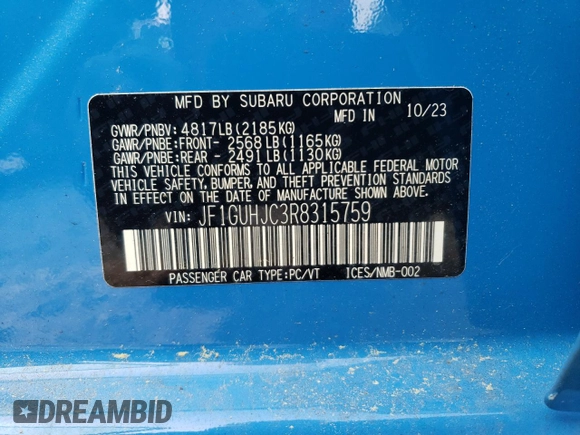 2024 Subaru Impreza RS with VIN JF1GUHJC3R8315759, listed as a Copart auction lot 66145174 with 323 mi miles and Salvage Title. Bid and sale history available at carsss.com. Image 12.