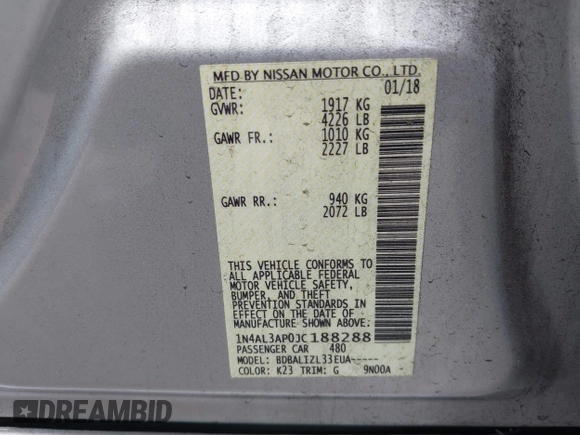 2018 Nissan Altima SR with VIN 1N4AL3AP0JC188288, listed as a IAAI auction lot 41996765 with 86,256 mi miles and . Bid and sale history available at DreamBid. Image 9.