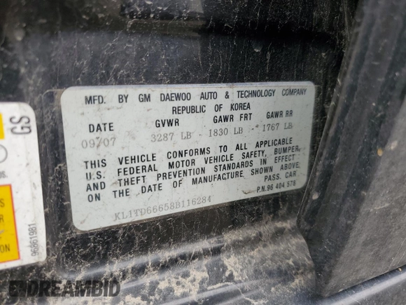 2008 Chevrolet Aveo LS with VIN KL1TD66658B116284, listed as a Copart auction lot 53671425 with Not Provided miles and Salvage Title. Bid and sale history available at DreamBid. Image 13.