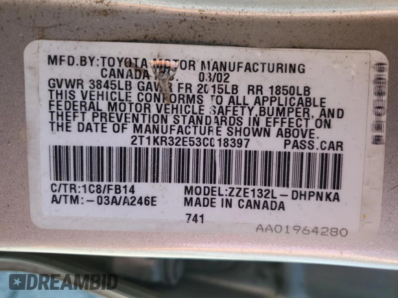 2003 Toyota Matrix Std z VIN 2T1KR32E53C018397, wystawiony jako Copart lot #60286445 z przebiegiem 217 727 mil mil oraz Czysty tytuł • Clean title. Historia ofert i sprzedaży dostępna na DreamBid. Obrazek 14.