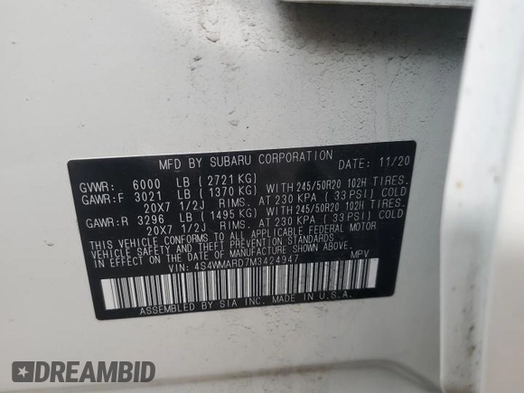 2021 Subaru Ascent Touring z VIN 4S4WMARD7M3424947, wystawiony jako Copart lot #55935445 z przebiegiem 30 632 mil mil oraz Szkoda całkowita • Salvage title. Historia ofert i sprzedaży dostępna na DreamBid. Obrazek 14.