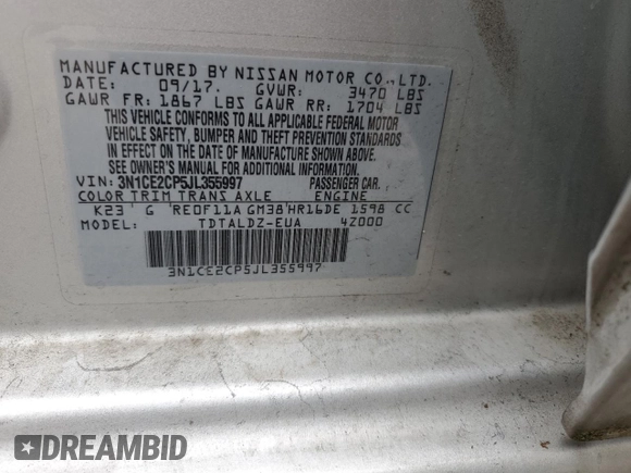 2018 Nissan Note SV с VIN 3N1CE2CP5JL355997, выставлен на аукционе Copart как лот 58997815 с пробегом Не указан миль и Списание • Salvage title. История ставок и продаж доступна на DreamBid. Изображение 14.