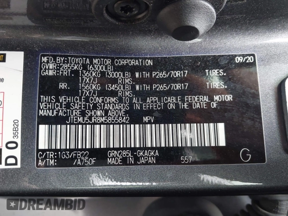 2021 Toyota 4Runner SR5 with VIN JTEMU5JR8M5855842, listed as a IAAI auction lot 42016331 with 87,455 mi miles and . Bid and sale history available at DreamBid. Image 9.