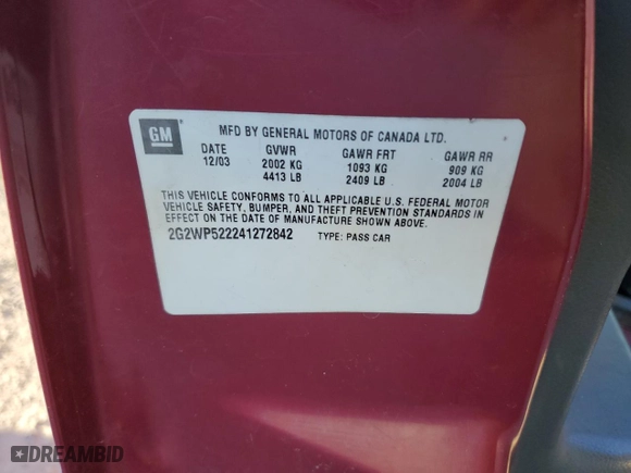 2004 Pontiac Grand Prix GT1 with VIN 2G2WP522241272842, listed as a Copart auction lot 42185785 with 0 mi miles and Salvage Title. Bid and sale history available at carsss.com. Image 12.