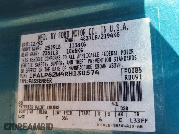 1994 Ford Thunderbird LX with VIN 1FALP62W4RH130574, listed as a Copart auction lot 78352894 with 116,140 mi miles and Non Repairable. Bid and sale history available at DreamBid. Image 12.