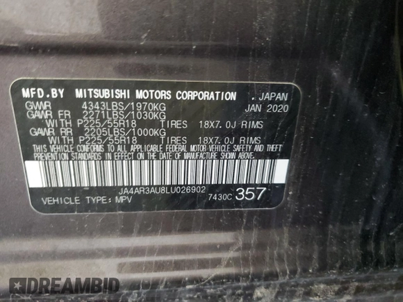 2020 Mitsubishi Outlander ES with VIN JA4AR3AU8LU026902, listed as a Copart auction lot 60210105 with 39,433 mi miles and Salvage title. Bid and sale history available at DreamBid. Image 14.