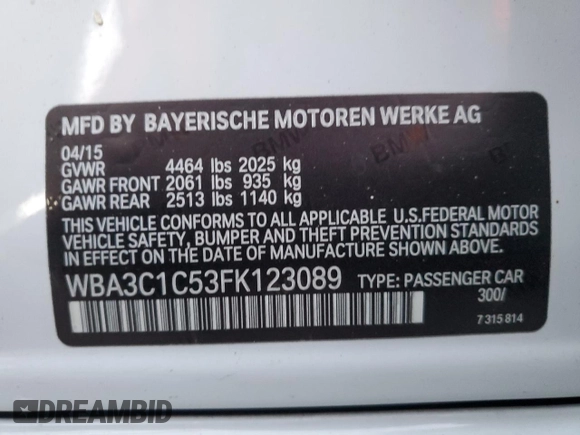 2015 BMW 3 Series 328i with VIN WBA3C1C53FK123089, listed as a Copart auction lot 50624205 with 103,979 mi miles and Salvage Title. Bid and sale history available at carsss.com. Image 12.