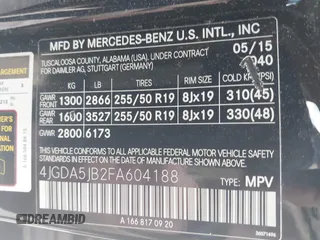2015 Mercedes-Benz M 350 with VIN 4JGDA5JB2FA604188, listed as a IAAI auction lot 42544343 with 163,597 mi miles and . Bid and sale history available at DreamBid. Image 9.