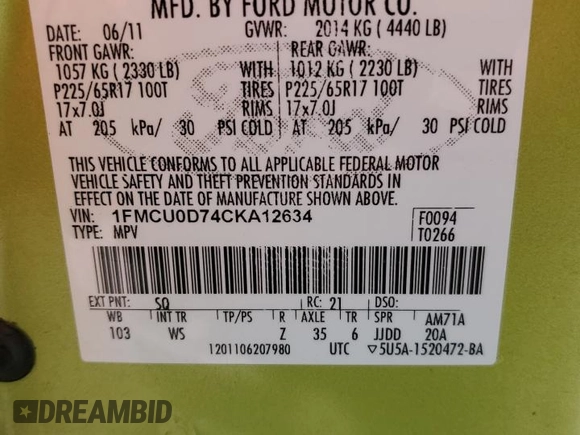 2012 Ford Escape XLT z VIN 1FMCU0D74CKA12634, wystawiony jako Copart lot #56332815 z przebiegiem 149 390 mil mil oraz Szkoda całkowita • Salvage title. Historia ofert i sprzedaży dostępna na DreamBid. Obrazek 13.