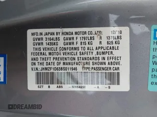 2011 Honda CR-Z EX with VIN JHMZF1D63BS011946, listed as a IAAI auction lot 41947429 with 115,683 mi miles and . Bid and sale history available at DreamBid. Image 9.