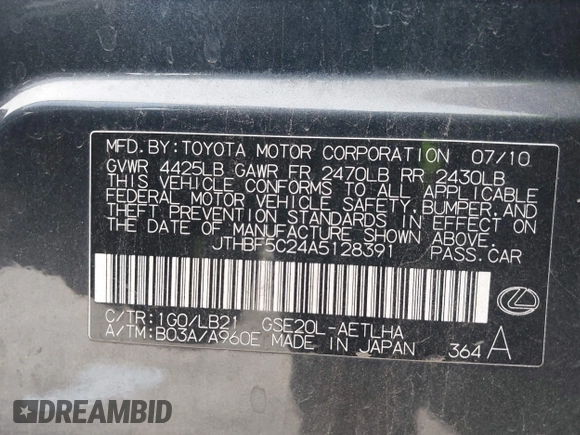 2010 Lexus IS 250 with VIN JTHBF5C24A5128391, listed as a IAAI auction lot 42101232 with 179,108 mi miles and . Bid and sale history available at DreamBid. Image 9.