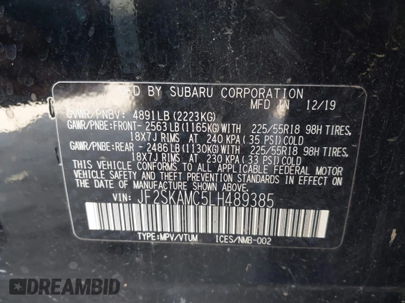 2020 Subaru Forester Special Sports with VIN JF2SKAMC5LH489385, listed as a IAAI auction lot 42599177 with 107,338 mi miles and . Bid and sale history available at DreamBid. Image 9.