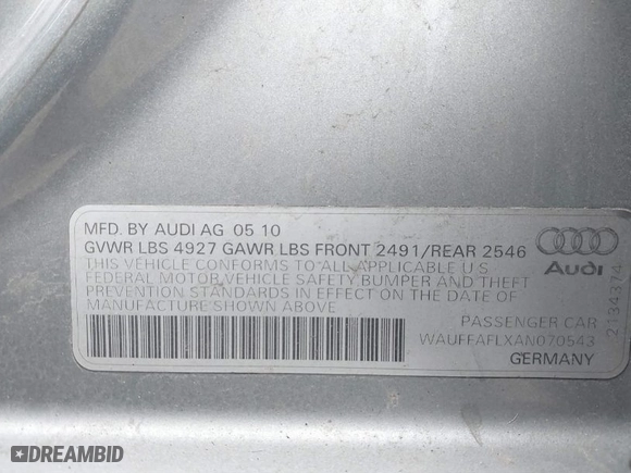 2010 Audi A4 2.0T Premium Plus with VIN WAUFFAFLXAN070543, listed as a IAAI auction lot 41495657 with 137,800 mi miles. Bid and sale history available at carsss.com. Image 9.