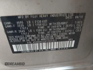 2015 Subaru Outback Premium with VIN 4S4BSACC0F3325927, listed as a IAAI auction lot 42450142 with 140,566 mi miles and . Bid and sale history available at DreamBid. Image 9.
