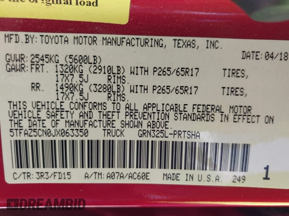 2018 Toyota Tacoma SR5 with VIN 5TFAZ5CN0JX063350, listed as a IAAI auction lot 41829396 with 61,155 mi miles and . Bid and sale history available at DreamBid. Image 9.