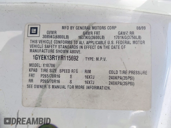 2000 Cadillac Escalade z VIN 1GYEK13R1YR115692, wystawiony jako IAAI lot #41300434 z przebiegiem 431 564 mil mil oraz . Historia ofert i sprzedaży dostępna na DreamBid. Obrazek 9.