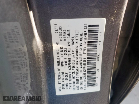 2015 Honda Accord EX-L z VIN 1HGCR2F82FA025983, wystawiony jako Copart lot #55623345 z przebiegiem 223 699 mil mil oraz Szkoda całkowita • Salvage title. Historia ofert i sprzedaży dostępna na DreamBid. Obrazek 12.