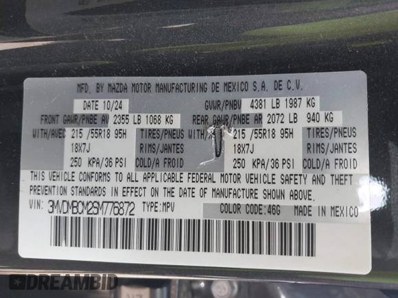 2025 Mazda CX-30 S Preferred with VIN 3MVDMBCM2SM776872, listed as a IAAI auction lot 42582130 with 9,541 mi miles and . Bid and sale history available at DreamBid. Image 9.